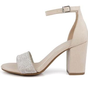 Sugar Nude Block Heel Sandals with Rhinestones